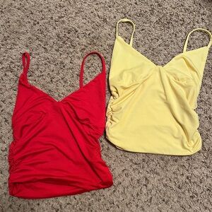 SHEIN Red and Yellow Ruched Camisoles with Spaghetti Straps